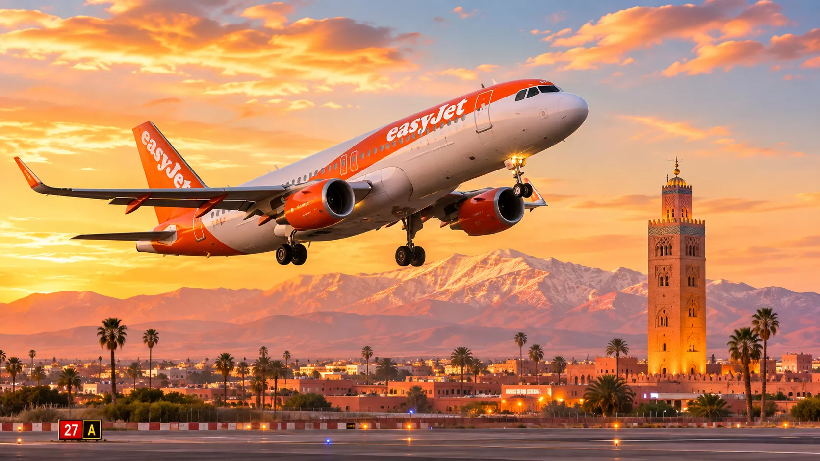 Avion easyJet au décollage de l'aéroport de Marrakech avec la Koutoubia en arrière-plan